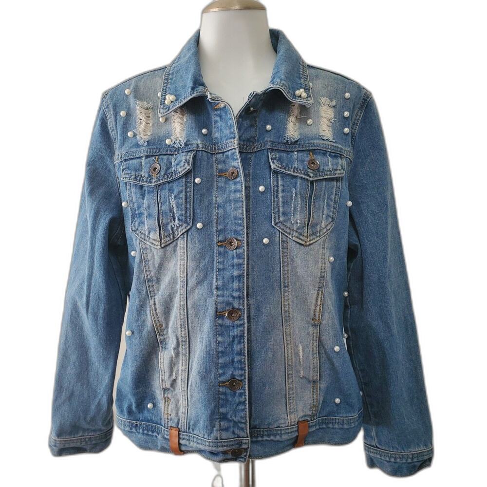 Live A Little Denim Jacket L Distressed Pearl Embellished Rivet Button